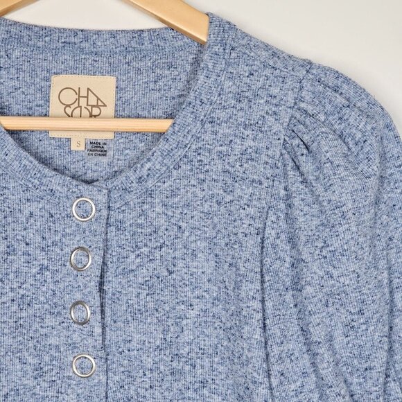 Chaser Ribbed Heather Blue Short Sleeve Henley Knit Top Puff Sleeves NWT Size S - Picture 7 of 7